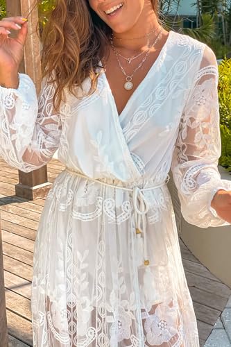 Image of LRISES Womens V Neck Floral Embroidered Lace Wedding Maxi Dress Boho Short Sleeve Slit Bridesmaid Evening Party Dresses