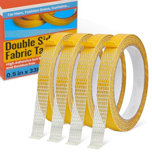 布用両面テープ【缝纫やアイロン不要！織物に大活躍！大容量4本セット】 薄型 超強力 裾上げテープ カーペット用両面テープ 裾直し パンチラ防止 織物用補修テープ 肌ピタ粘着テープ 衣類用 耐久性優れる ズボン カーテン 織物 スカート 着崩れ防止 ズレ防止DIY 説明書 動画解説 マチ針不要 洗濯OK 手芸用品 布 トーギー サイズ：13ｍｍ×10ｍ 4本セット