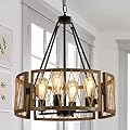 sheinhot Modern Farmhouse Chandelier, 4 Lights Drum Chandeliers Rattan Chandelier for Dinning Room Kitchen Island