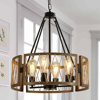 sheinhot Modern Farmhouse Chandelier, 4 Lights Drum Chandeliers Rattan Chandelier for Dinning Room Kitchen Island