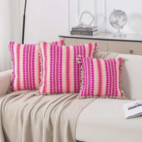 Image of HOKIPO 'Artisan Boho Series' Sofa Cushion Covers | 450 GSM Cotton Acrylic Jacquard | Tassel Design | 22x22 Inch (55x55 cm) | Pack of 2, Fucshia Pink (IN-906-A5*2)