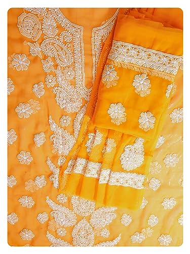 Image of Ada Hand Embroidered Lucknow Chikankari Unstitched Georgette Dress Material Suit Set for Women