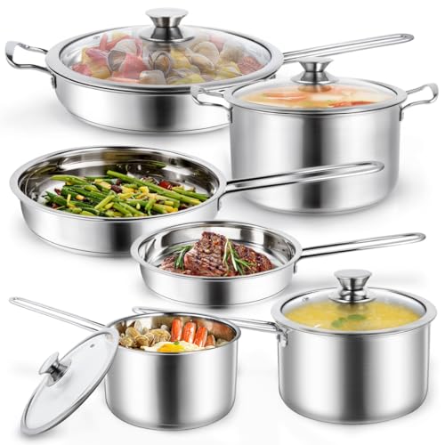 AuFranc® Edelstahl Kochtopfset, 10-Teilig Topfset mit Glasdeckeln und Kühlbleibender Griff, Kochtopf für alle Herdarten & Backofenfest & Spülmaschinenfest, Topf Ungiftig Unbeschichtet (Silber)