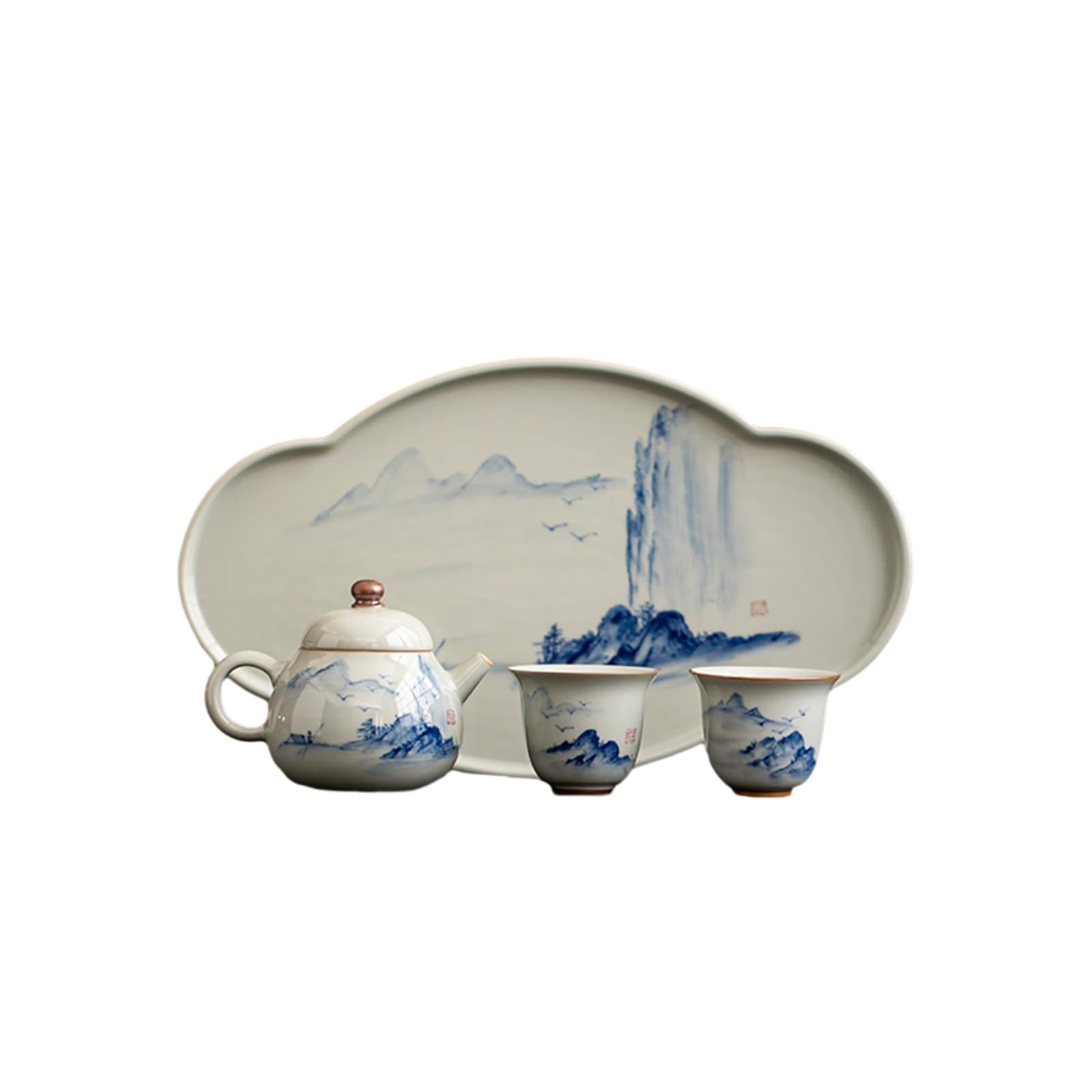 Paysage chinois peint à la main - set de thé avec 1 pot et 2 tasses compactes