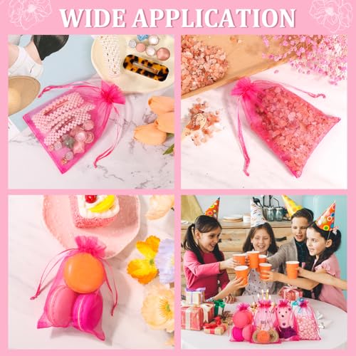 Image of Hopttreely 100pcs Organza Drawstring Gift Bags, 4 x 4.72 inch Mesh, Hot Pink Satin Pouch Wedding Party Favor Bags