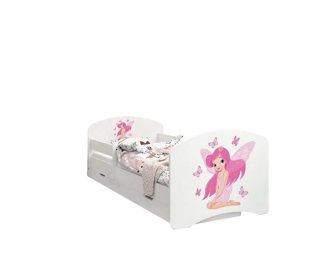 Happy Babies - Dwustronne łóżko dziecięce z szufladą Nowoczesne wzornictwo z bezpiecznymi krawędziami i zabezpieczeniem przed upadkiem materac piankowy 7 cm. (190x90, 36. księżniczka z motylami)