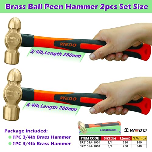 Image of WEDO 2PCS Brass Ball Peen Hammer Set, 12 oz+12 oz(3 /4lb+3 /4lb), Brass Ball Pein Hammer Set with Fiberglass Handle, Die-Forged, Corrosion Resistant, DIN Standard