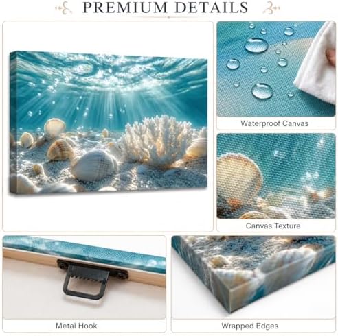 libitea Framed Coastal Canvas Wall Art - Coastal Ocean Relaxation Wall Decor Underwater Sunbeam Seashell Poster Printing Artwork for Bathroom Bedroom Living Room - 4