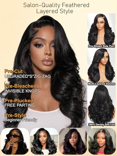 Image of Sunber Loose Body Wave 7x5 Lace Bye-Bye Slip Glueless Wig Feathered Layer Left Side Part 200% Density Wig with Secure Silicone Strips and Drawstring Pre Cut Lace Pre Bleached Invisible Knots 22Inch