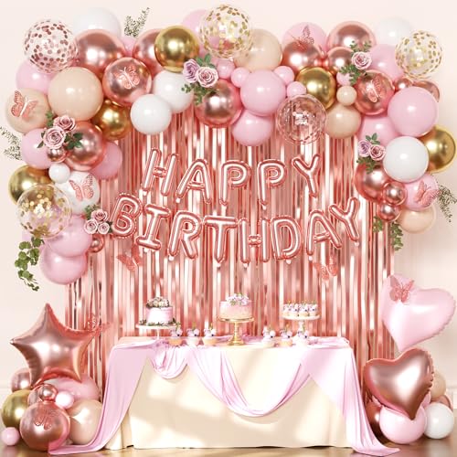 Rose Gold Birthday Decorations Gold Pink Peach White Balloons Confetti Foil Balloons Happy Birthday Banner Butterfly Fringe Curtains birthday Decorations for Women Teens Girls