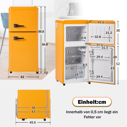 Merax Retro Kühlschrank mit Gefrierfach – Kleiner Mini Kühlschrank, 60L Gesamtvolumen, 22L Gefrierfach, 38L Kühlfach, 7 Temperaturstufen, Energieeffizienzklasse E, LED-Licht, Kompakt und Gelb