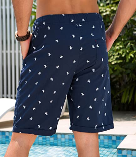 Janmid Men's Linen Short Casual Drawstring Summer Beach Floral Shorts For Men Navy Pineapple L #TOP4