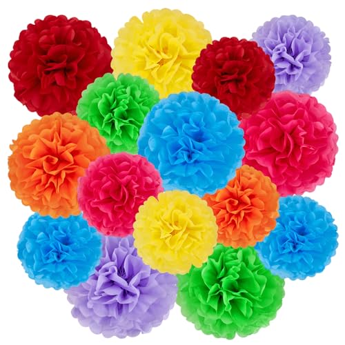 Image of EASY JOY 15 Pcs Multicolor Tissue Paper Flowers Rainbow Hanging Paper Pom Pom Decorations Tissue Pom Poms for Birthday Fiesta Mexican Party Classroom Home Wall Ceiling Wedding Baby Shower DIY Arts
