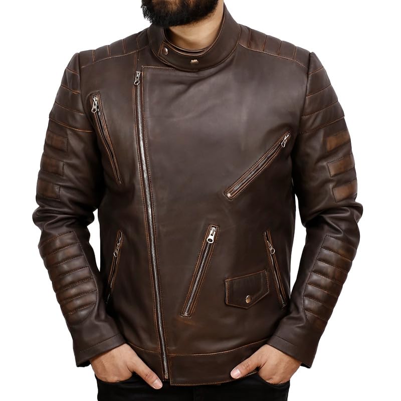 Men's Asymmetrical Real Lambskin Leather Motorcycle Jacket - Biker Leather Jacket For Mens - Brown/Black