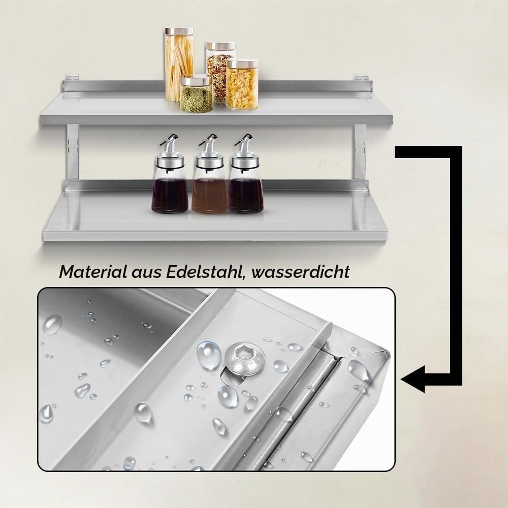 homewell Edelstahlregal Wandbord Wandregal, 2 Ablagefläche Regal, Küchenregal Edelstahl, 30 x 80 cm, für Küchen oder Zuhause,Restaurant