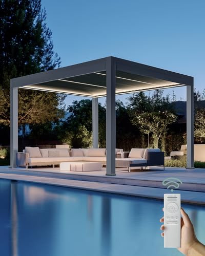 Yoolax Solar Motorized Louvered Pergola 10x13Ft Electric Louvered Pergola with String Lights Full Aluminum Frame and Louvers Adjustable Rainproof Roof for Outdoor Living