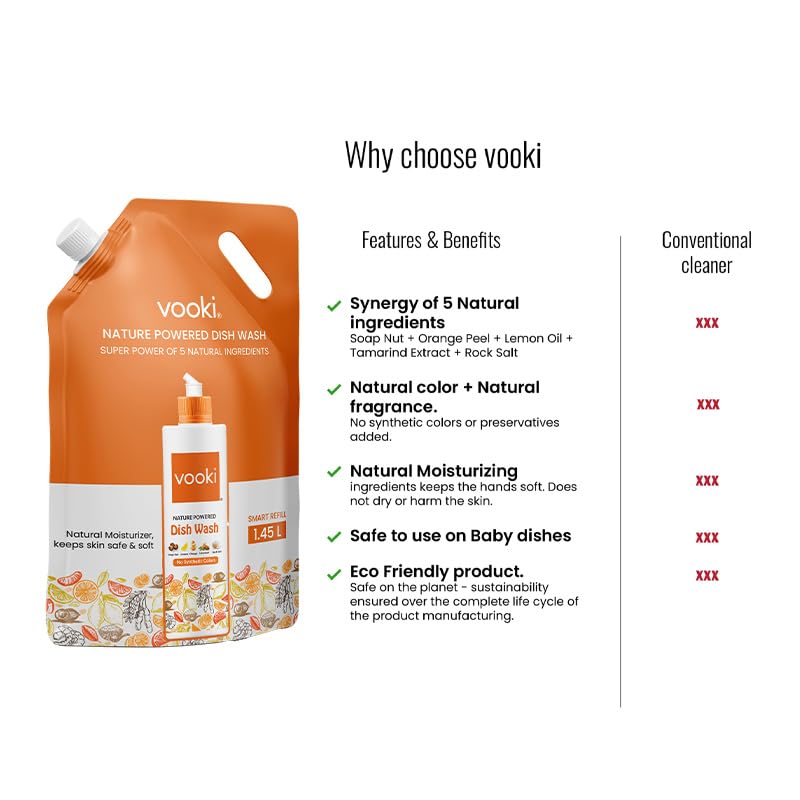 Image of Vooki Natural Dishwasher Liquid with Soapnut, Lemon, Tamarind, Orange Peel & Rock Salt, Tough on Grease and Stains, Utensil Cleaner Liquid Safe on Hands - 1.45 Ltr (Refill Pouch)