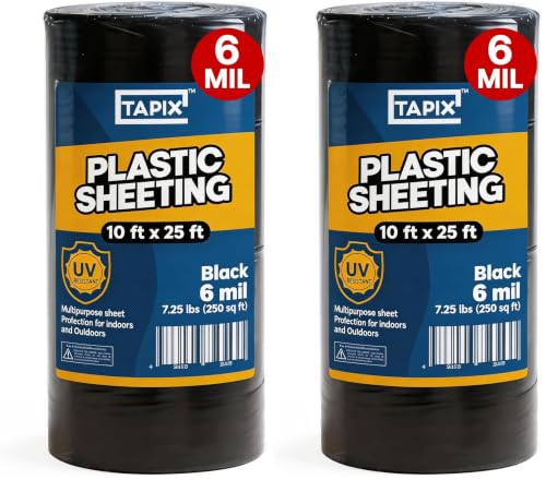 Image of Plastic Sheeting (10' x 25') Long, 6 Mil (Black) - UV Protection Poly Sheeting Polyethylene Film, Heavy Duty Greenhouse Plastic Sheeting (Pack of 2)