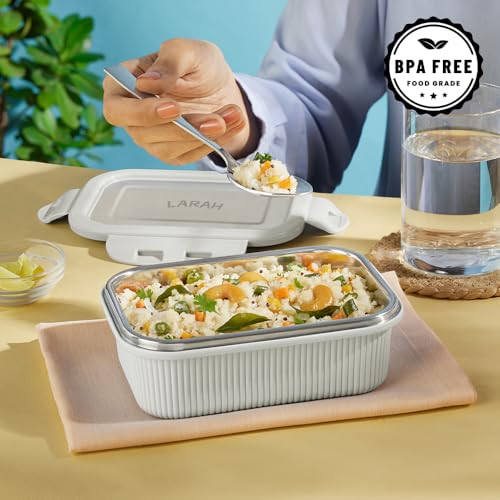 Image of Larah by BOROSIL Freshbyte Food Storage Container with Airtight Stainless Steel Lid | Fridge Container for Lunchbox | Food Grade | Microwave Safe (Grey, 400 ml, Rectangular)