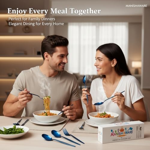 Image of Classic Blue 4 Pcs Stainless Steel Cutlery Set for Dining Table, Dishwasher Safe Glossy Flatware (Perfect Spoon Fork Set)