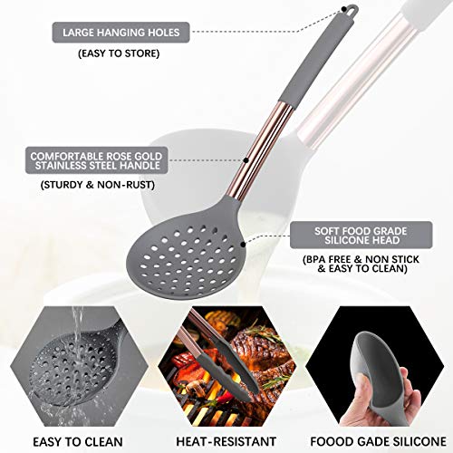 Silicone Cooking Utensil Set, Fungun 24pcs Silicone Cooking Kitchen Utensils Set, Non-stick Heat Resistant - Best Kitchen Cookware with Copper Stainless Steel Handle -Gray(BPA Free, Non Toxic)