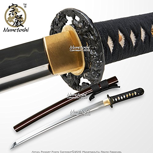 Munetoshi Handmade Lion Dog Wakizashi Differential Harden 1060 Spring Steel Functional Samurai Sword Razor Blade with Bohi