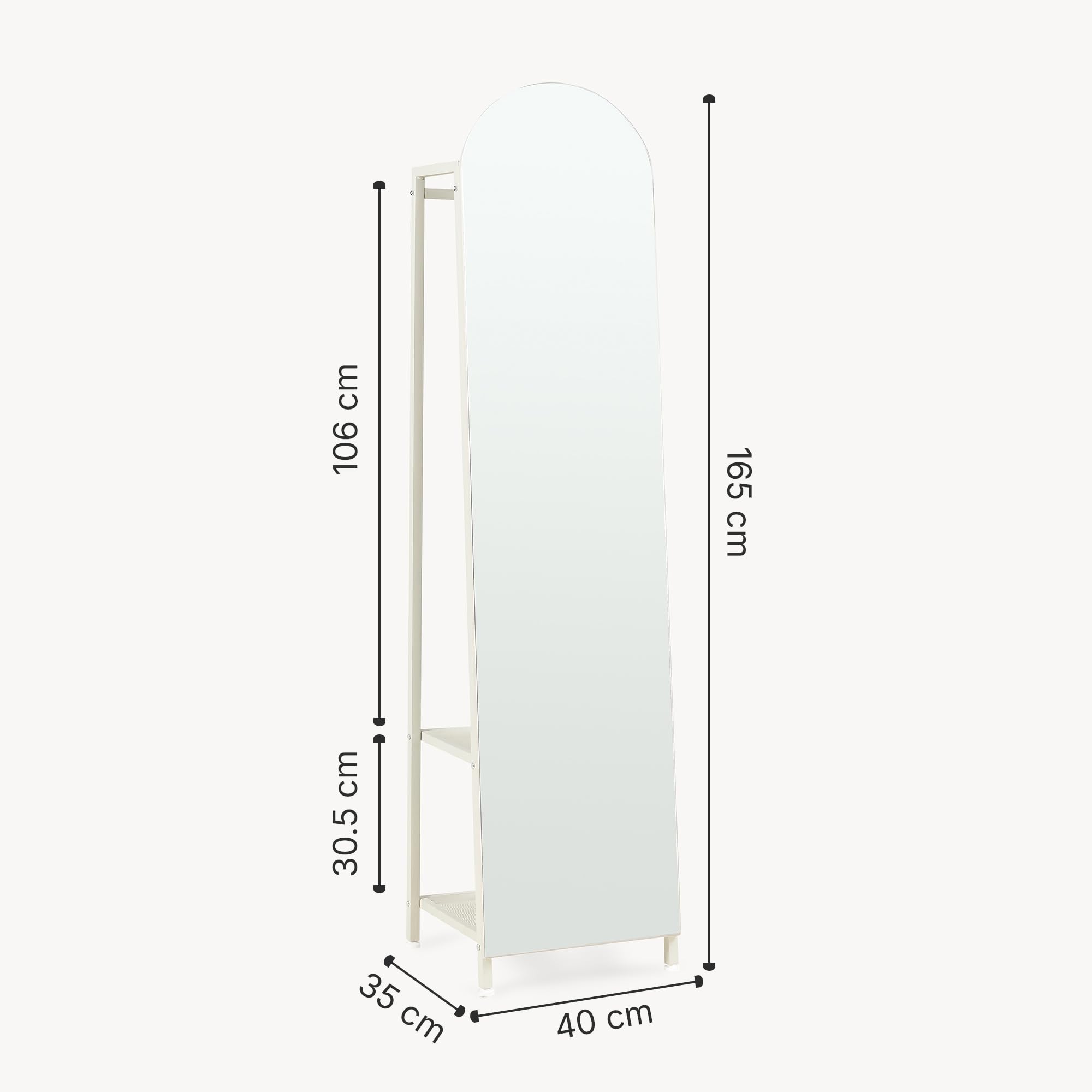 [en.casa] Espejo de Pie y Perchero Frenraby Mueble de Salón con Espejo de Cuerpo Entero 2 en 1 con Estantes y Barra para Colgar Ropa Dormitorio Vestidor Entrada Metal 165 x 40 x 35 cm - Oatmeal