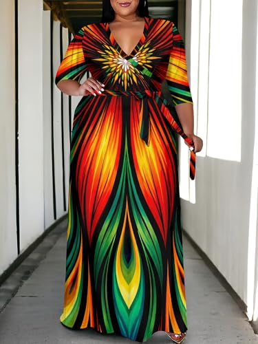 Image of SUZONANA Plus Size Maxi Dresses for Curcy Women Casual Loose 3 /4 Sleeve Long Dress with Belt