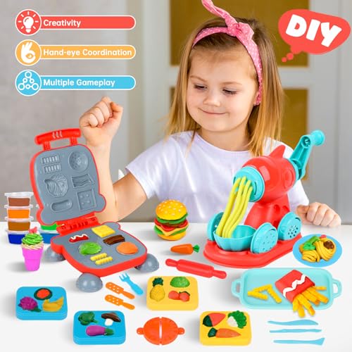 Jovicos Dough Tools And Cutters, 51Pcs Dough Tools Noodle Burger Set With 24 Colors Dough, Modelling Clay Set, Kitchen Creations, Educational Toy Gift For Kids Ages 3+ - 2