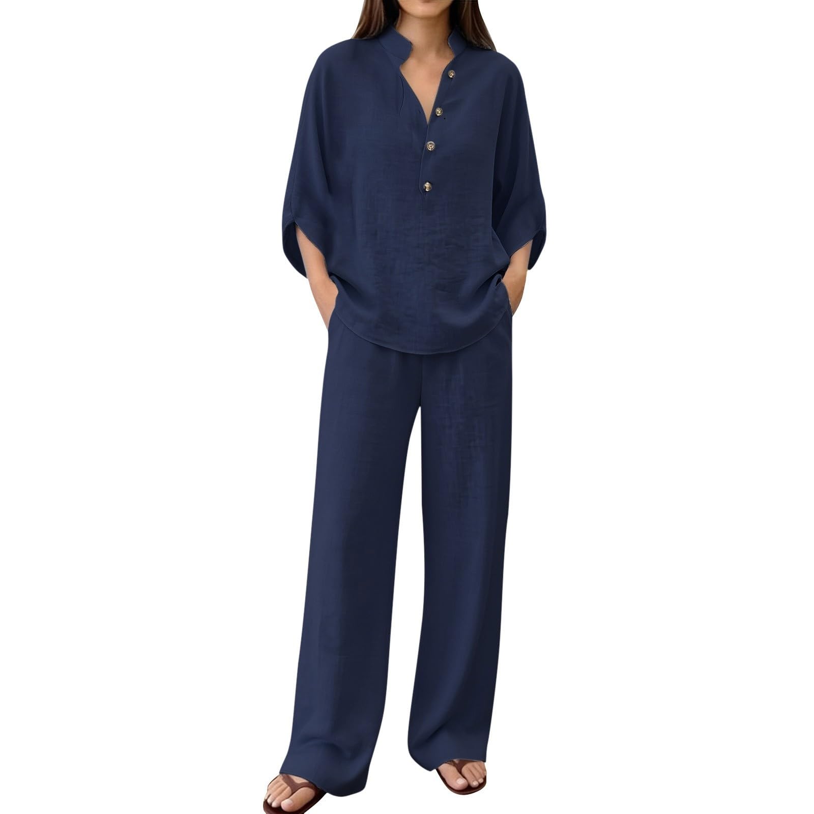 Conjunto Mujer Dos Piezas Verano Elegante Lino Casual Cómodo Blusa Manga 3/4 y Pantalones Completo Talla Grande