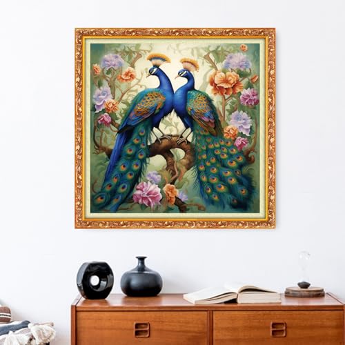 Image of Funxvoot Stamped Cross Stitch Kits Beginners Full Range of Embroidery Kits for Adults 11CT Embroidery Patterns Needlepoint Kits Printed Cross Stitch Kits-Peacock Flowers 18x18 inch