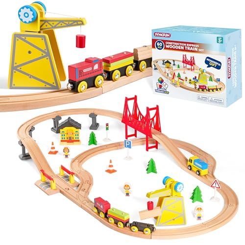 SYNCFUN 60 Piezas Tren Madera Juguete Montessori para Edades de 3 4 5 6 7 Años, Tren de Construcción, Ferrocarril de Ingeniería con Grúa Magnética, Trenes y Accesorios, Regalo para Niños y Niña