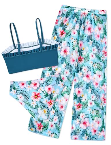 Image of Vogseek 6-16T Girls 3 Pieces Bikini Bathing Suit with Rash Guard Pants Quick Dry Swimwear Cover-Up Sets