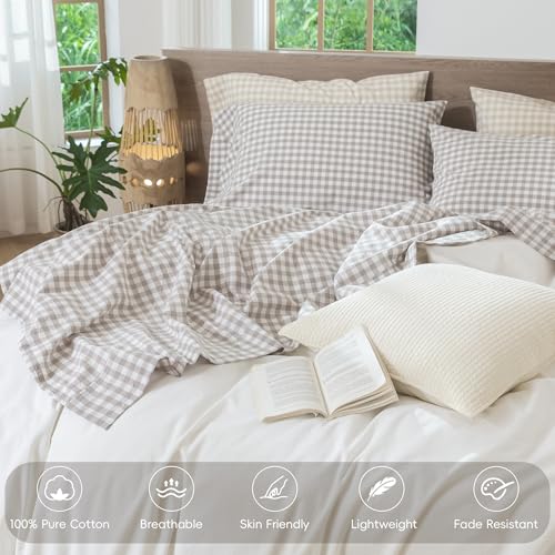 Image of MooMee Gingham Sheet Set 100% Washed Cotton Linen Like Textured Breathable Soft w /Fully Elasticized 16-19 inch Deep Pocket (Classic Gingham Tannish Linen Grey, Queen)