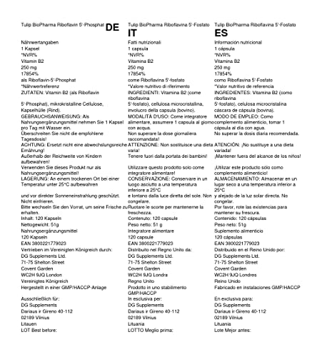 Tulip BioPharma Vitamin B2 (Riboflavin 5'-Phosphat) 250mg 120 Kapseln, Laborgeprüft, Hochdosiert, Nicht GVO & Glutenfrei