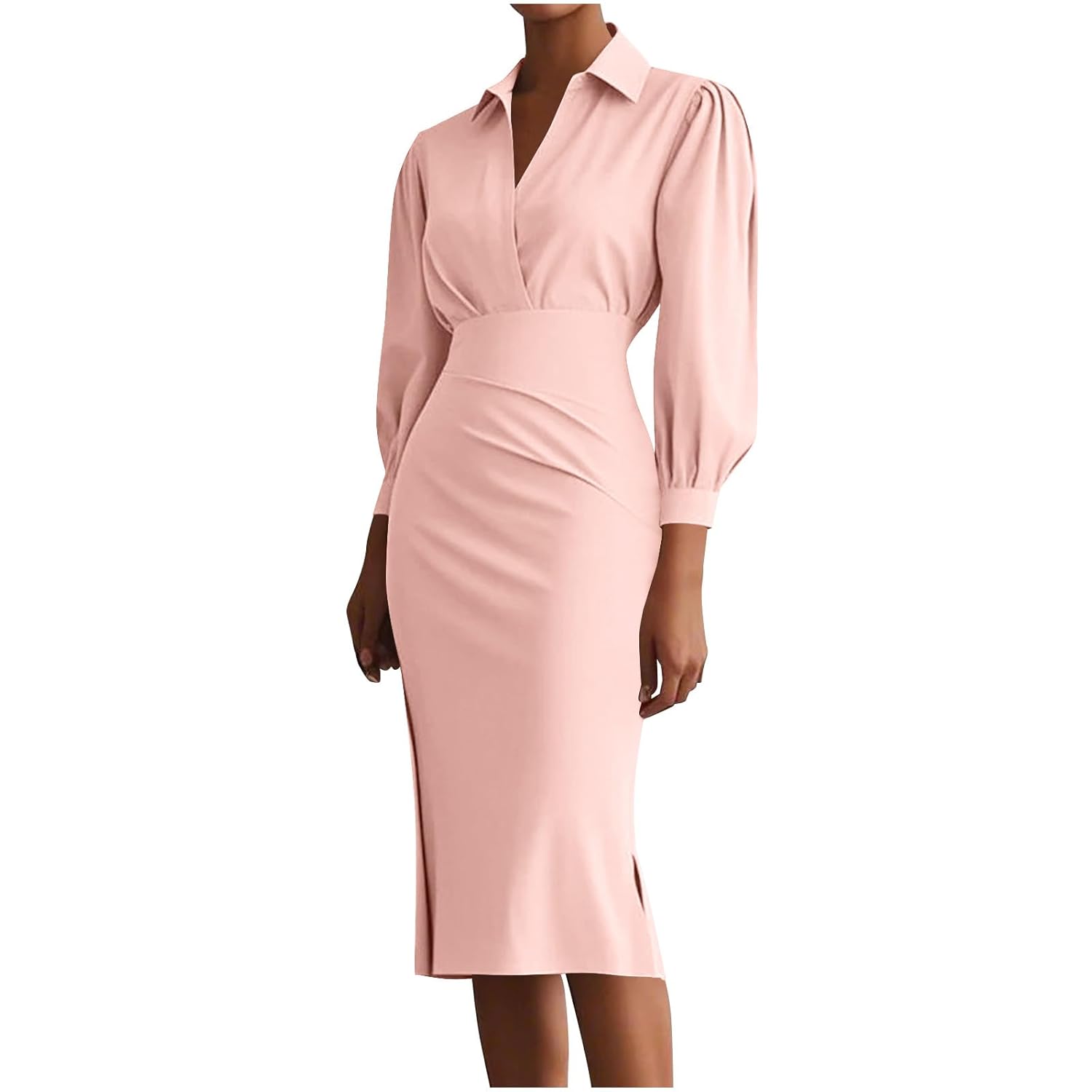 Womens Wear to Work Dresses Long Sleeve Bodycon Midi Dress Wrap V Neck Collared Elegant Business Office Split