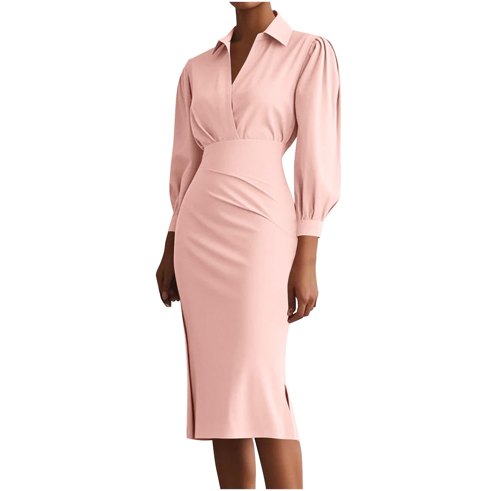 Womens Wear to Work Dresses Long Sleeve Bodycon Midi Dress Wrap V Neck Collared Elegant Business Office Split