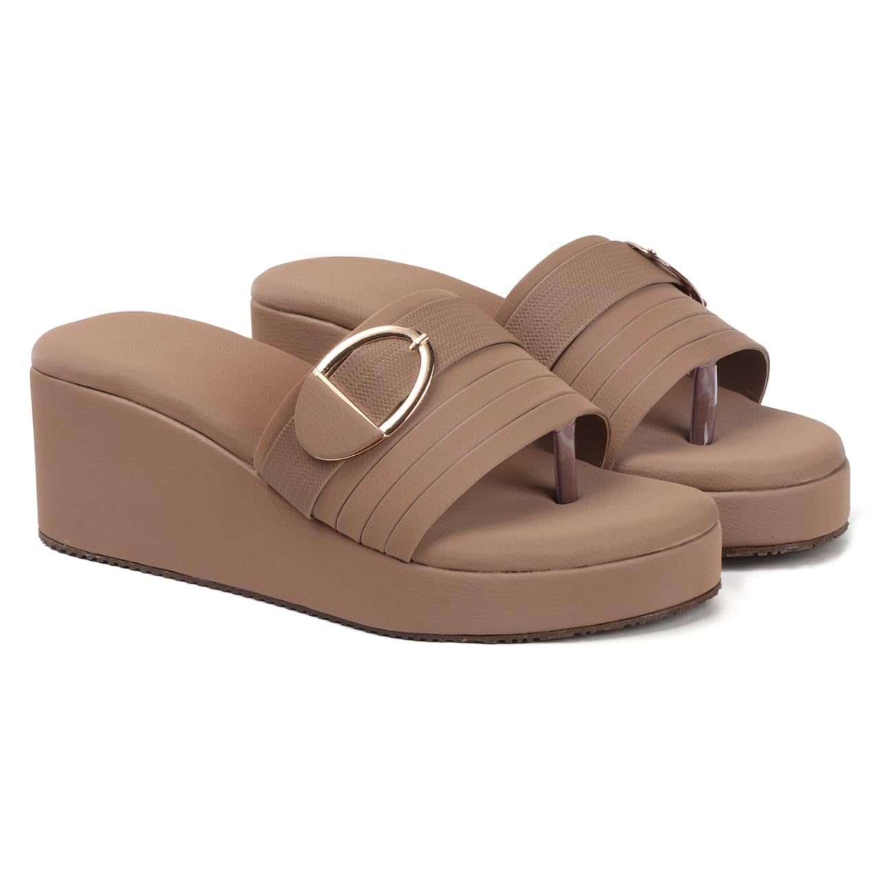Women's Wedge Toe-Ring Sandals, Tan, Gold Buckle Detail, Platform Heel, Casual Slip-On-image-46