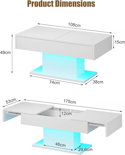 Miniatura 19 de Mesa de centro LED negra con almacenamiento para sala de estar, mesa central rectangular, mesas de centro modernas de madera de alto brillo para