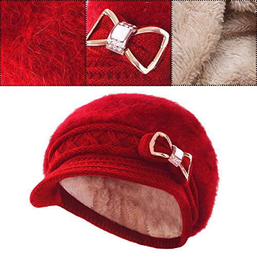 Surblue Lady Crystal Bow Warm Cabled Angora Knit Winter Beanie Crochet Beret Hats Newsboy Caps,Red,One Size #TOP4