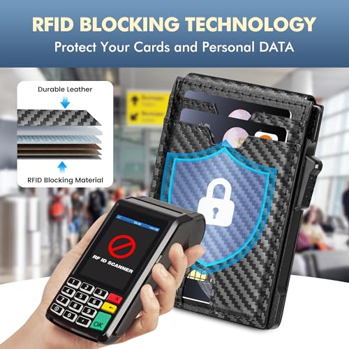 Minimalist Wallet for Men,Slim RFID Blocking Bifold Wallet Credit Card Holder Aluminum Pop-Up Card Case with Money Clip (Carbon Fiber Black)4