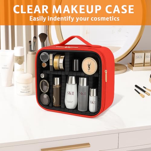 Image of Coslifestore-Cosmetic Case, Travel Makeup Case with Handle, Transparent Makeup Case, Portable Makeup Bag for Cosmetics /Skincare Products /Toiletries (RED)