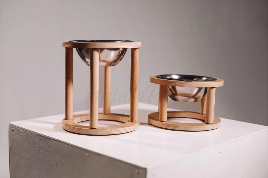 XSOURCE Cuenco elevado de madera para gatos con inserto de acero inoxidable, soporte elevado para gatos y perros pequeños, antivómitos, diseño ergonómico, base antideslizante