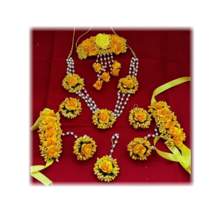 VASHE JAGMOOLYA PRODUCTS Florel Gota Patti Necklace, Bangles, Earrings & Maang Tika for Women & Girls (Mehandi/Haldi/Bridal/Baby Shower/Marriage) (Yellow (Pearl)) (B0CSKGTY8B) Amazon Price History, Amazon Price Tracker