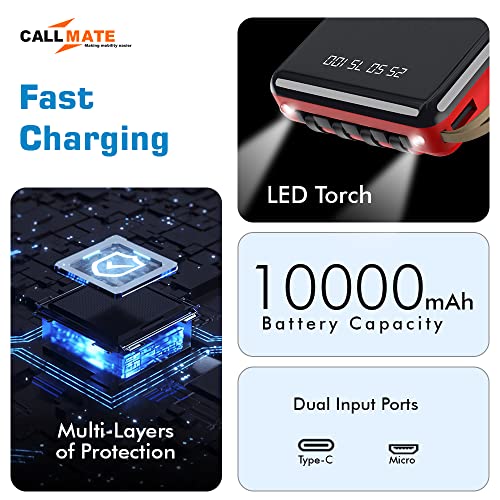 Image of Callmate DX10S Power Bank 10000mAh Li-Polymer with 2.1 Fast Charging with 1 USB Port and Digital Battery Indicator, in-Built 3 in 1 Cable (Red,Black)