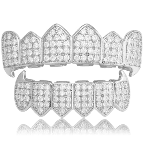 Grillz de diamante de gelo de zircônia banhada a ouro com pedras cúbicas banhadas a ouro - Conjunto