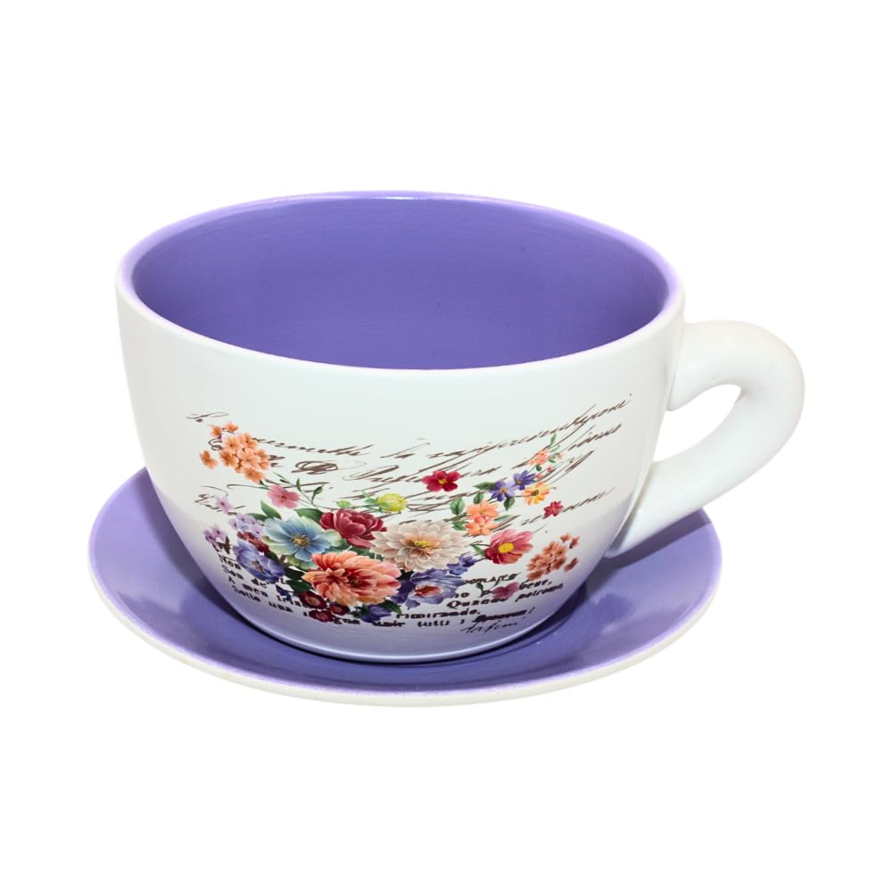 Dekohelden24 Flower Pot, Plant Cup, Planter, Planter, Cup with Ceramic Handle, Lily Motif, L 20 x W 15 x H 12 cm