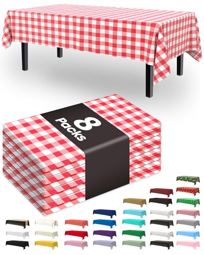 Image of Pureegg Plastic Table Cloth Disposable 8 Pack, 54 x 108 Inch Table Cloths, Party, Picnic, Decorative Gingham Tablecloths, Rectangle, Red and White Checkered Cover, Leakproof & Sturdy, Red Plaid
