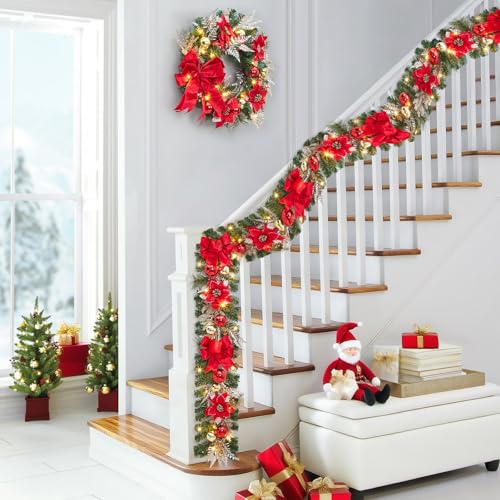 GarveeHome Christmas Garland with Lights for Mantle, 6ft Battery Operated Xmas Garland with 20 LED Lights Timer Red Gold Balls Velvet Ribbon for Fireplace Stair Railing Indoor Outdoor Holiday Decor