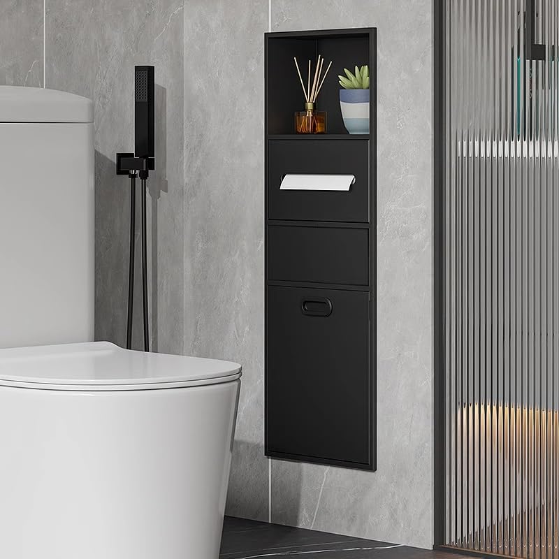Cesta de ducha de acero inoxidable, cesta de doble capa para mesas de baño, diseño que ahorra espacio (negro, 30 x 86 x 14 cm) y Slish Solut